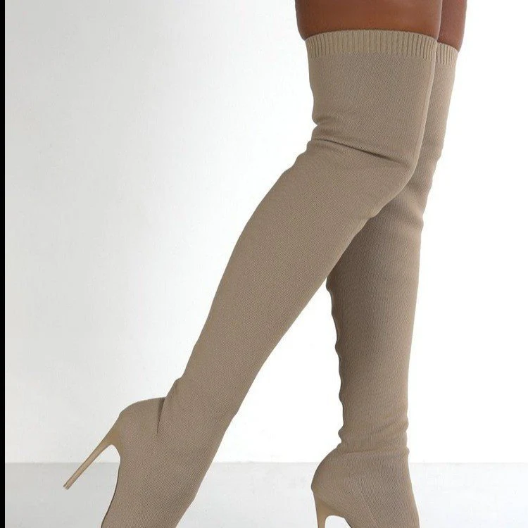 Damen Overknee Stiefel mit elegantem spitzem Absatz und modischem Strickdesign Heidi Mode - Image 2