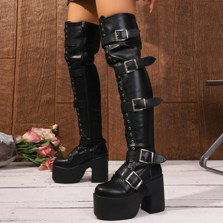 Damen Overknee Stiefel mit modischen Schnallen und hochmodernem Plateau Heidi Mode - Image 2