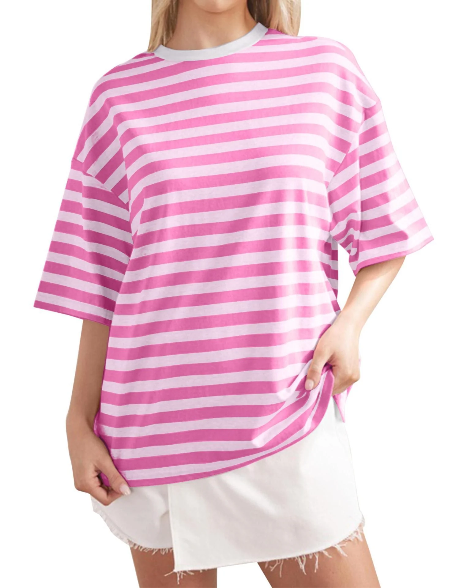 Damen Oversized Gestreiftes T-Shirt mit Rundhalsausschnitt und Kurzen Ärmeln Heidi-Mode - Image 11