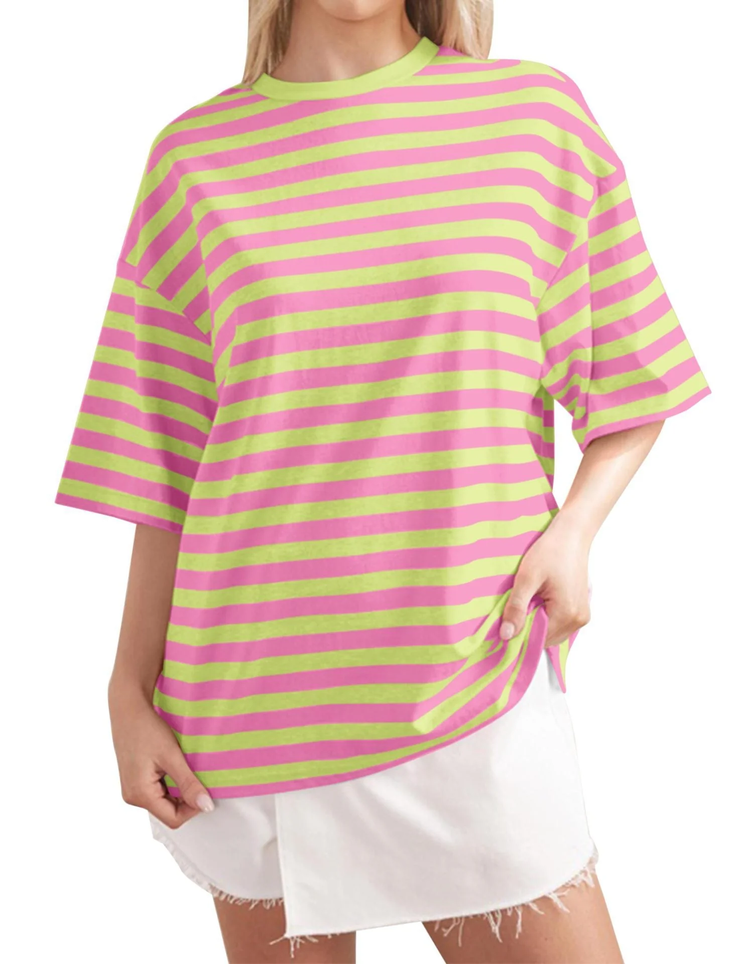 Damen Oversized Gestreiftes T-Shirt mit Rundhalsausschnitt und Kurzen Ärmeln Heidi-Mode - Image 13