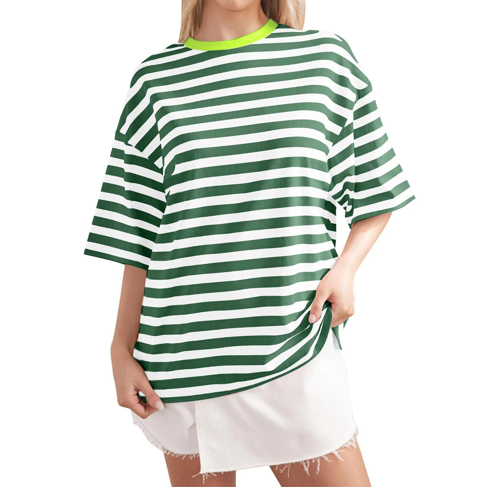 Damen Oversized Gestreiftes T-Shirt mit Rundhalsausschnitt und Kurzen Ärmeln Heidi-Mode - Image 15