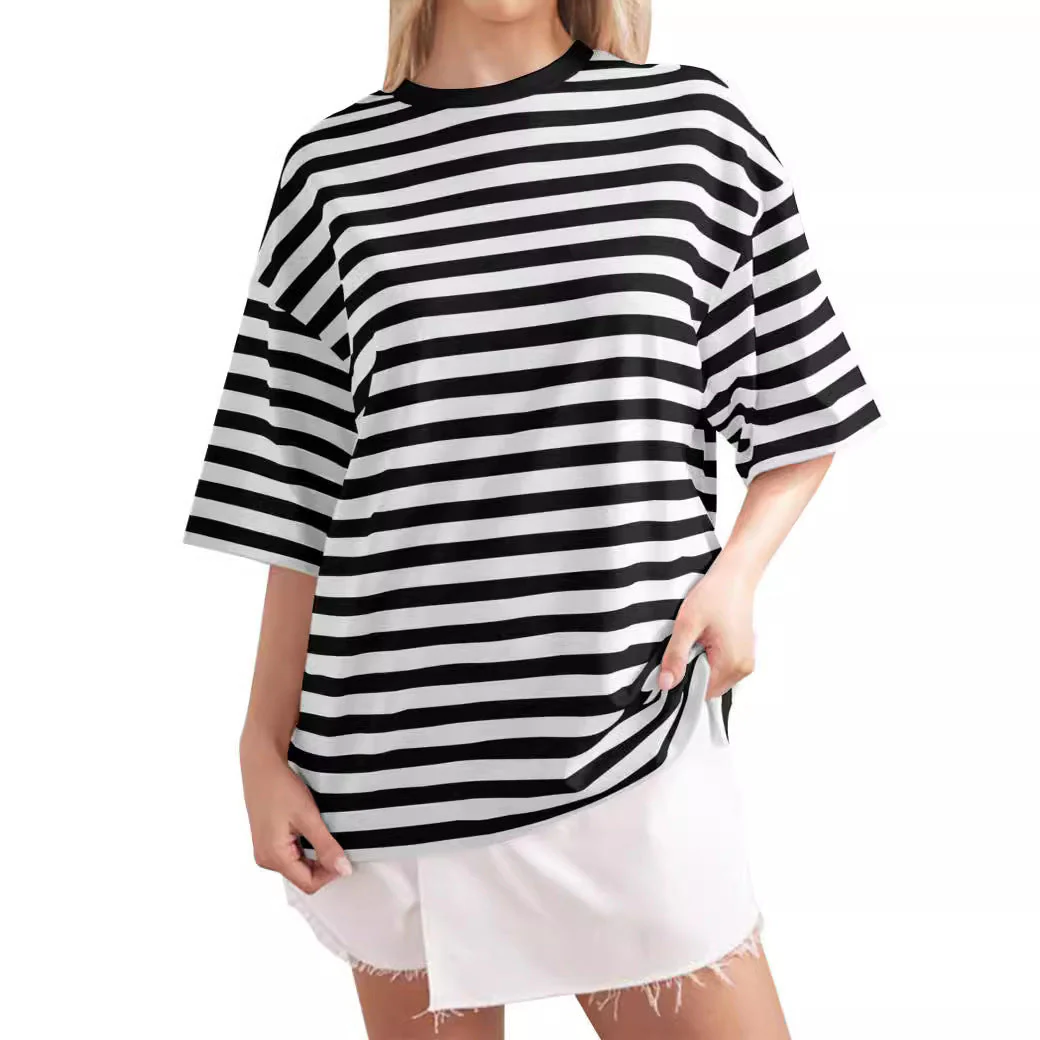 Damen Oversized Gestreiftes T-Shirt mit Rundhalsausschnitt und Kurzen Ärmeln Heidi-Mode - Image 2