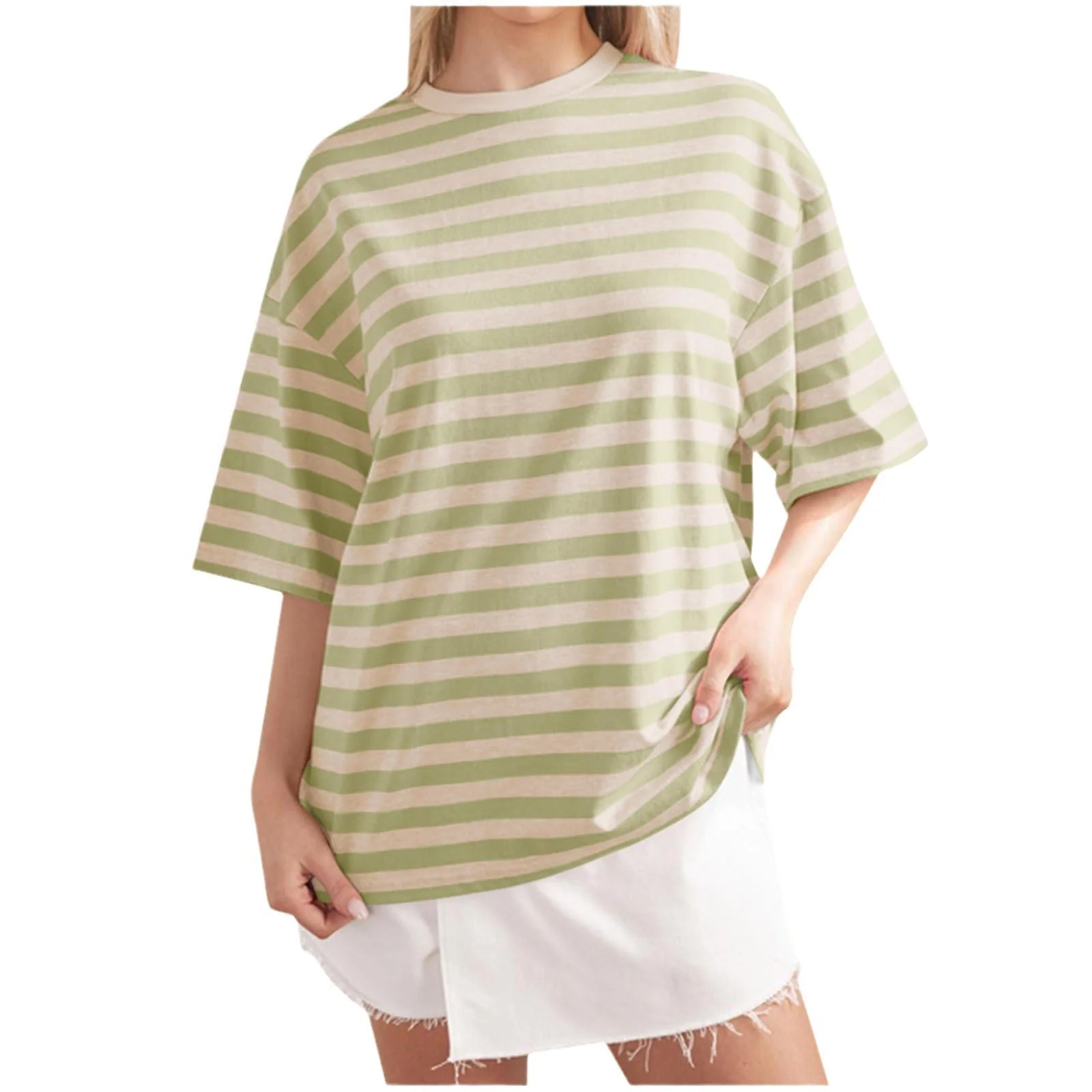 Damen Oversized Gestreiftes T-Shirt mit Rundhalsausschnitt und Kurzen Ärmeln Heidi-Mode - Image 5