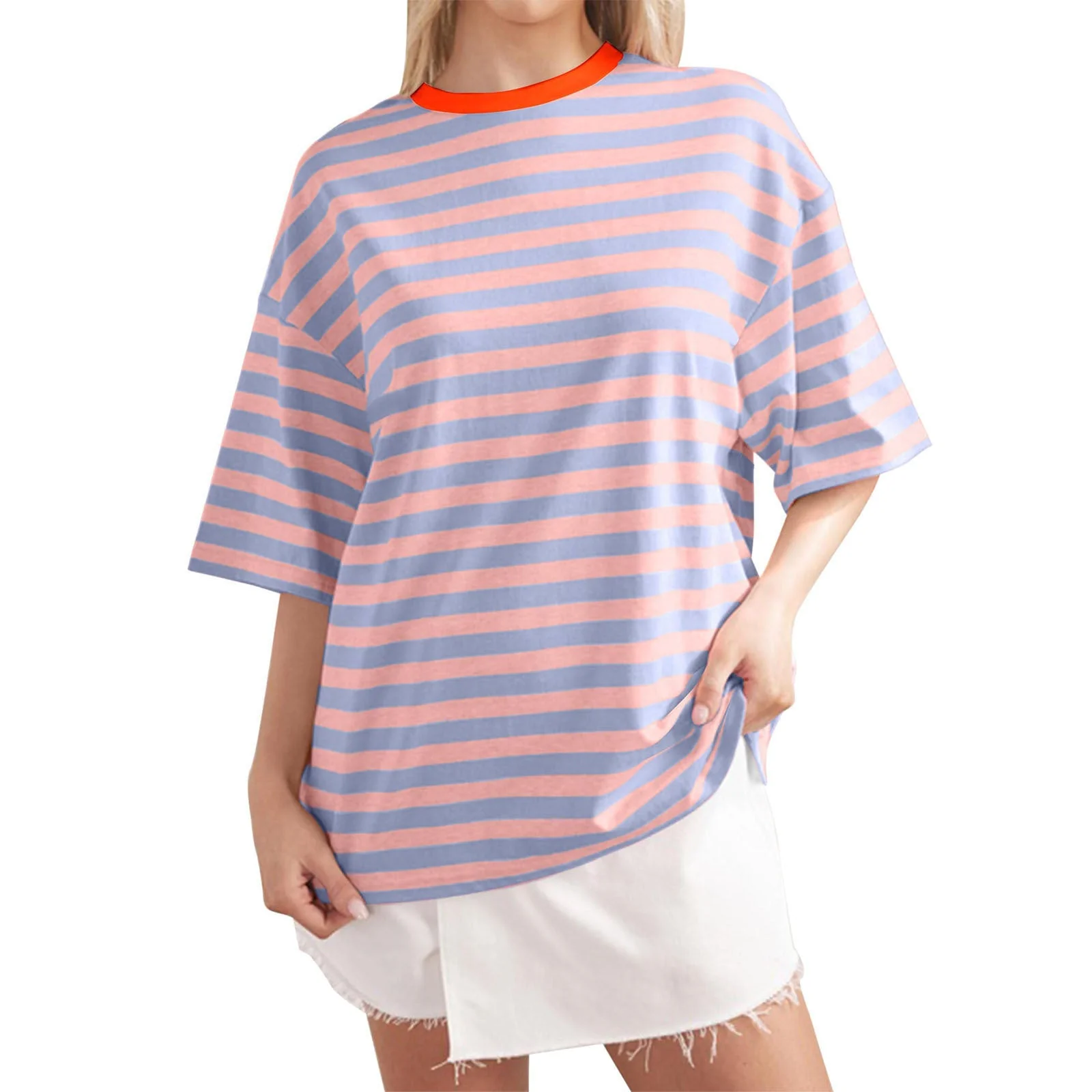 Damen Oversized Gestreiftes T-Shirt mit Rundhalsausschnitt und Kurzen Ärmeln Heidi-Mode - Image 7