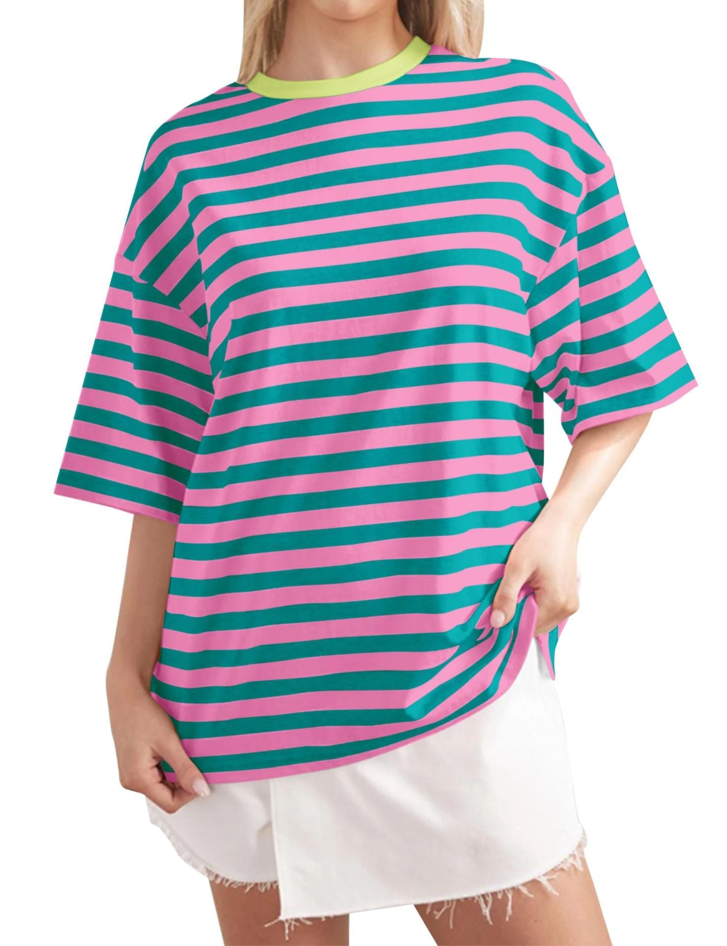 Damen Oversized Gestreiftes T-Shirt mit Rundhalsausschnitt und Kurzen Ärmeln Heidi-Mode - Image 8