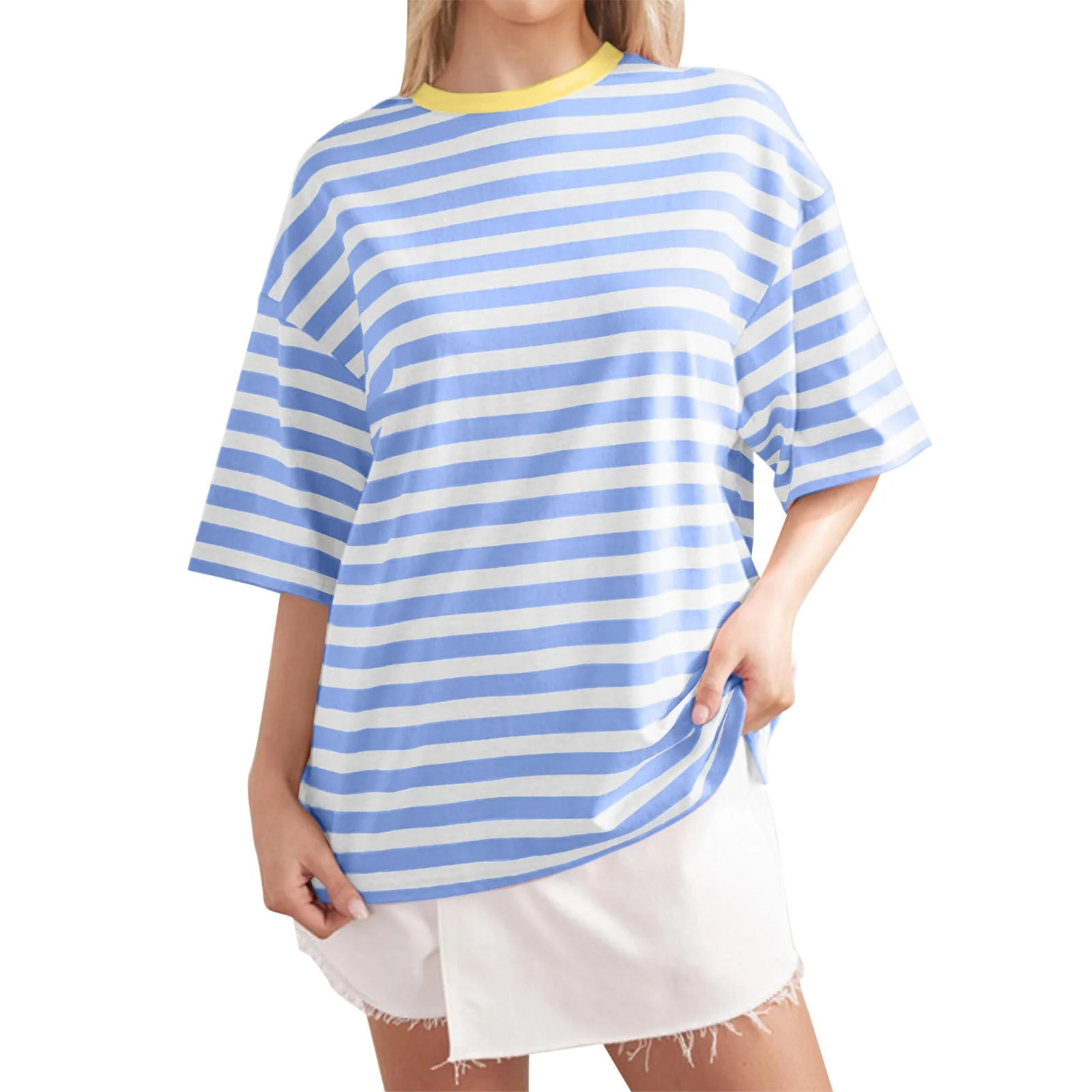 Damen Oversized Gestreiftes T-Shirt mit Rundhalsausschnitt und Kurzen Ärmeln Heidi-Mode - Image 9