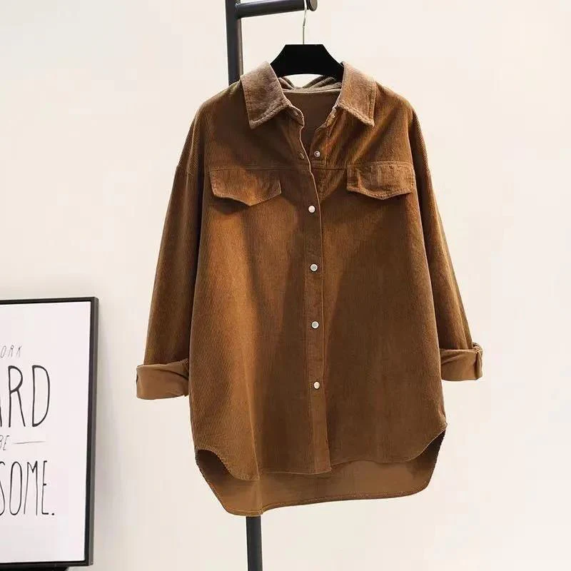 Damen Oversized Hemd Aus Rippstoff mit Brusttaschen und Schickem Kragen Heidi-Mode - Image 11