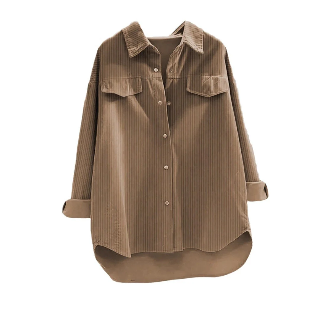 Damen Oversized Hemd Aus Rippstoff mit Brusttaschen und Schickem Kragen Heidi-Mode - Image 5