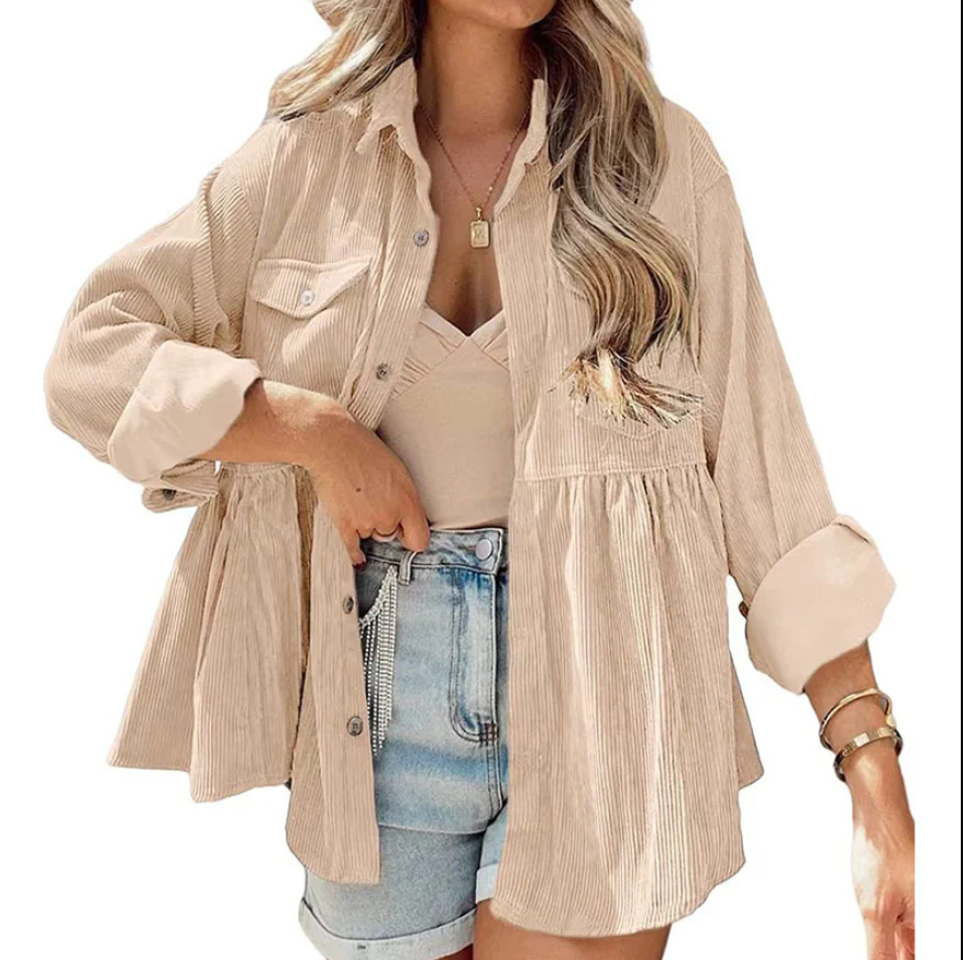 Damen Oversized Hemd Aus Rippstoff mit Brusttaschen und Schickem Kragen Heidi-Mode - Image 8