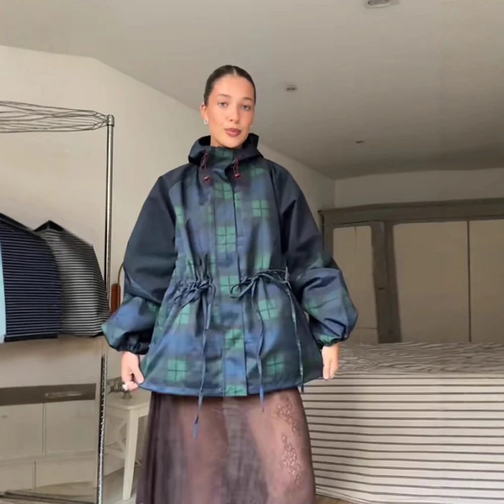 Damen Oversized Jacke im lässigen Karo-Design mit praktischen Taschen und Taillenzug Heidi-Mode - Image 2