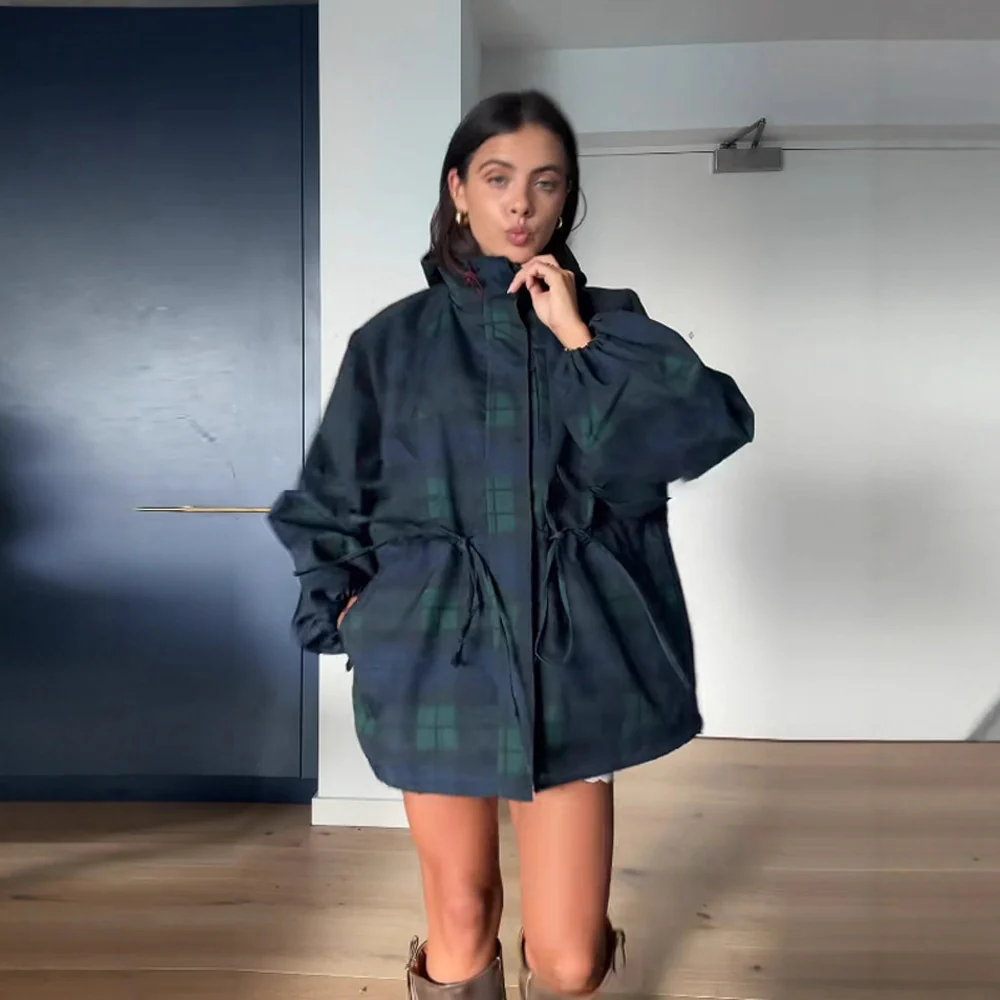 Damen Oversized Jacke im lässigen Karo-Design mit praktischen Taschen und Taillenzug Heidi-Mode - Image 3