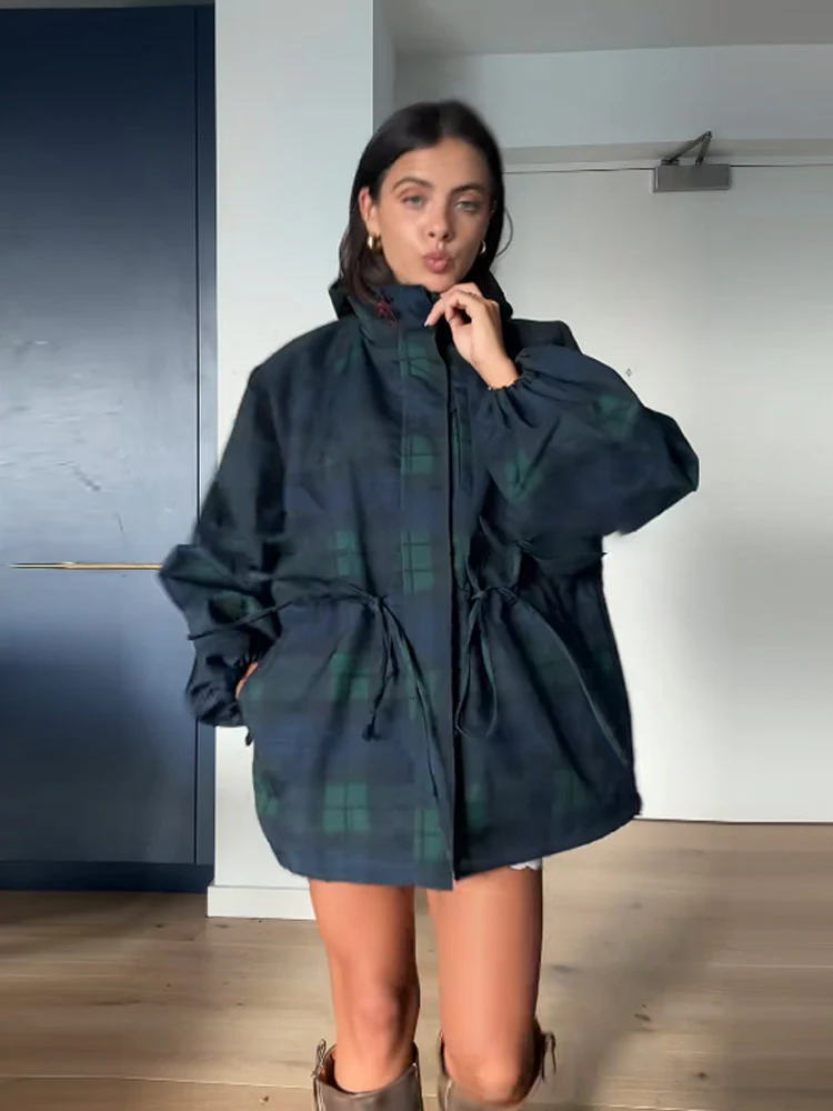 Damen Oversized Jacke im lässigen Karo-Design mit praktischen Taschen und Taillenzug Heidi-Mode - Image 6