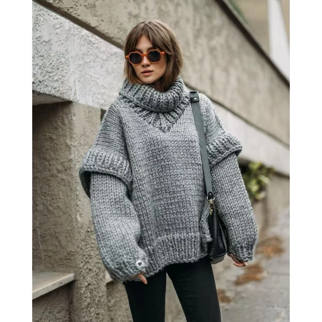 Damen Oversized Strickpullover mit hohem Kragen und voluminösen Ärmeln Heidi-Mode - Image 6