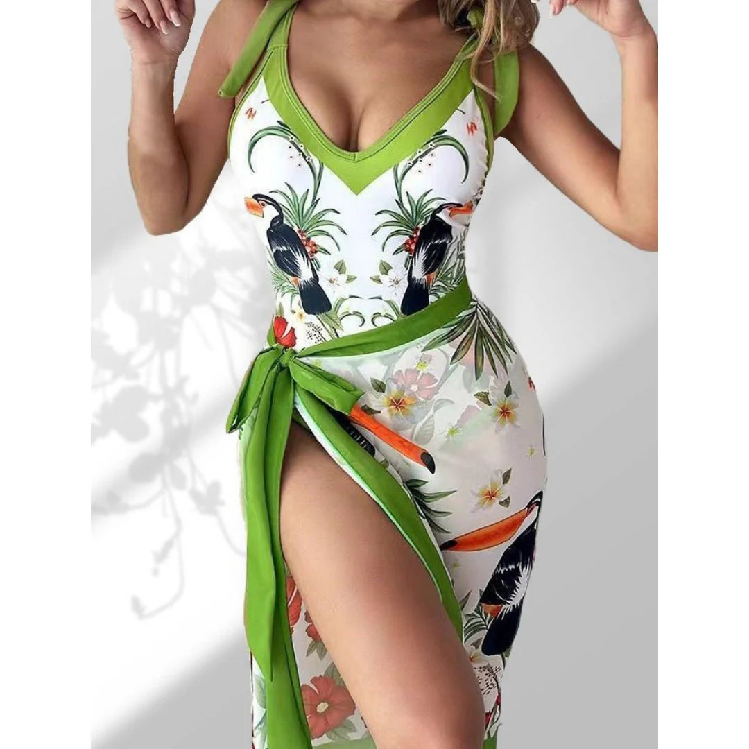 Damen Pareo mit Botanischem Muster und Stilvollem Bindegürtel Heidi-Mode