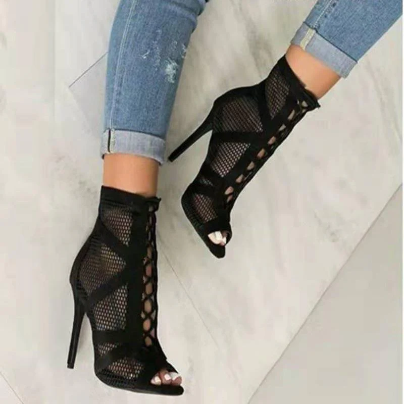 Damen Peeptoe Ankle Boots mit hochmodernem Netzdesign und elegantem Blockabsatz Heidi Mode - Image 2