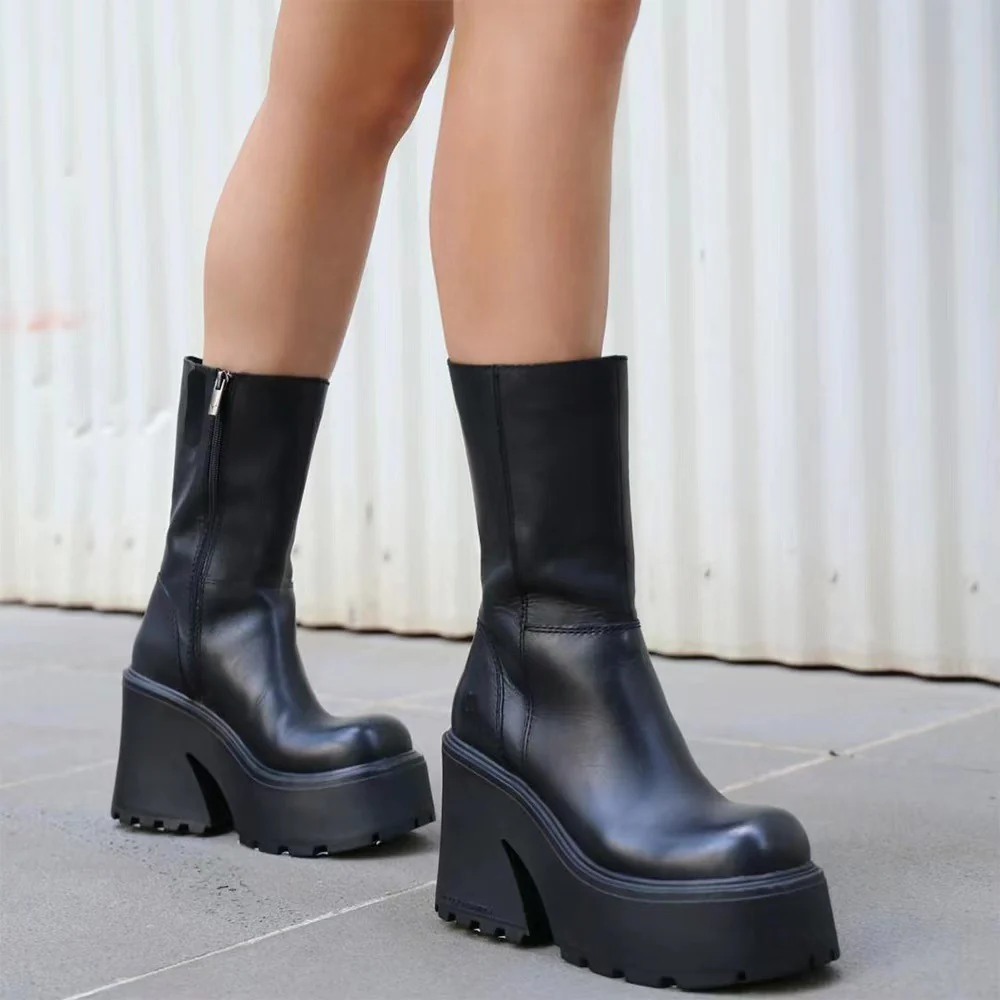 Damen Plateau-Stiefel mit hohem Blockabsatz und modischem Reißverschluss Heidi Mode - Image 6