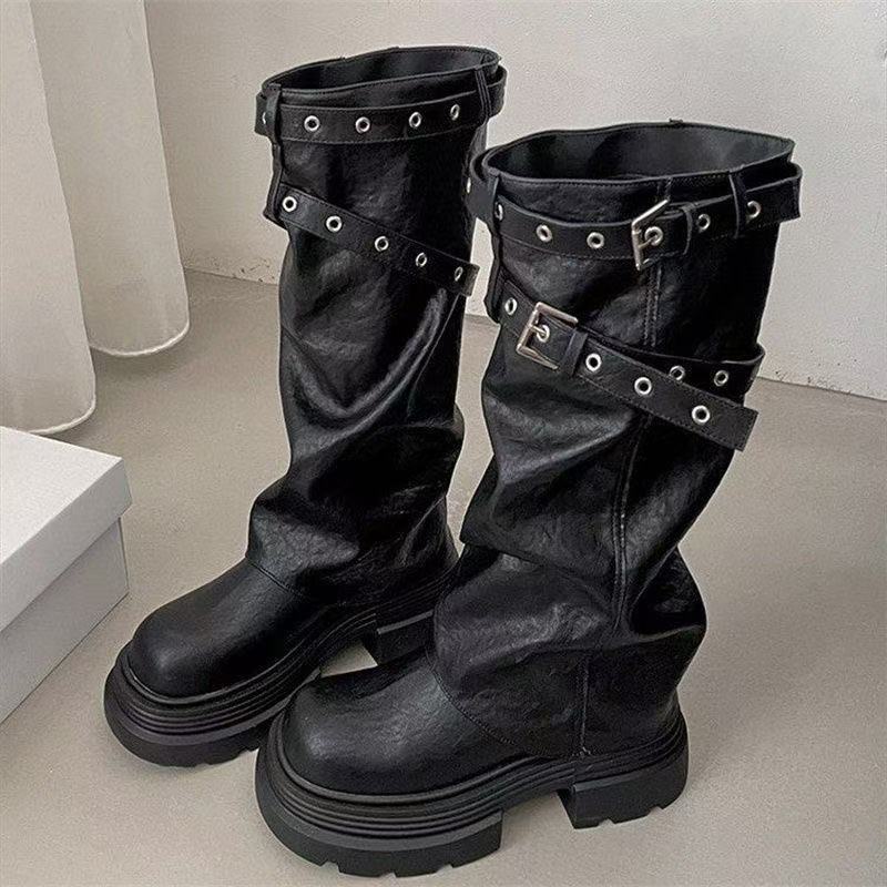 Damen Plateau-Stiefel mit modischem Schnallenverschluss und eleganter Faltenoptik Heidi Mode - Image 3