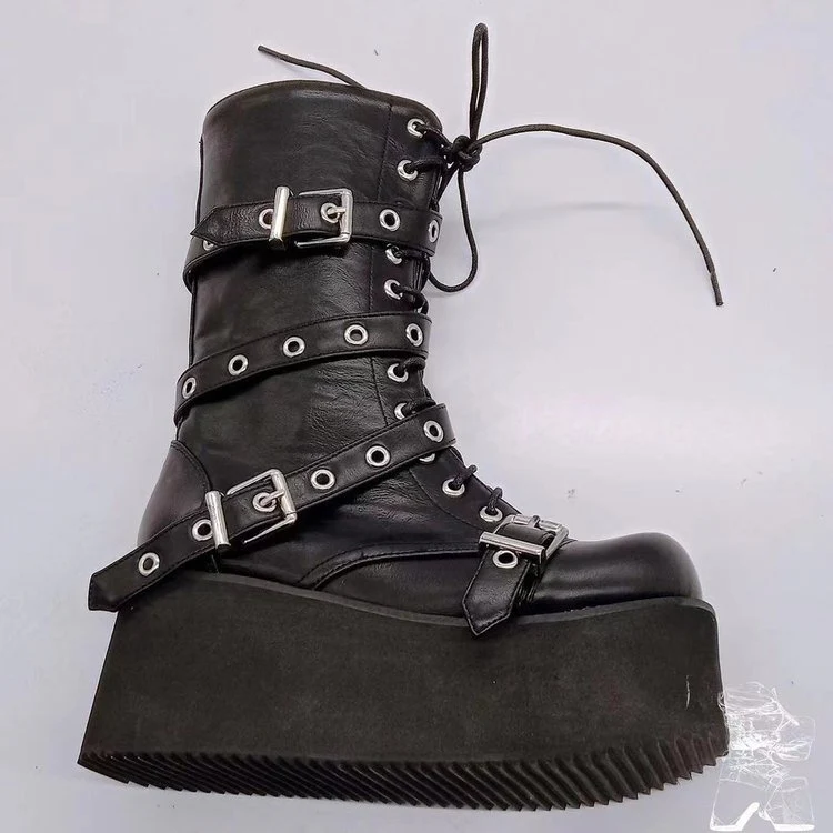 Damen Plateau-Stiefel mit robusten Schnallen und hochwertiger Leder-Oberfläche Heidi Mode - Image 3
