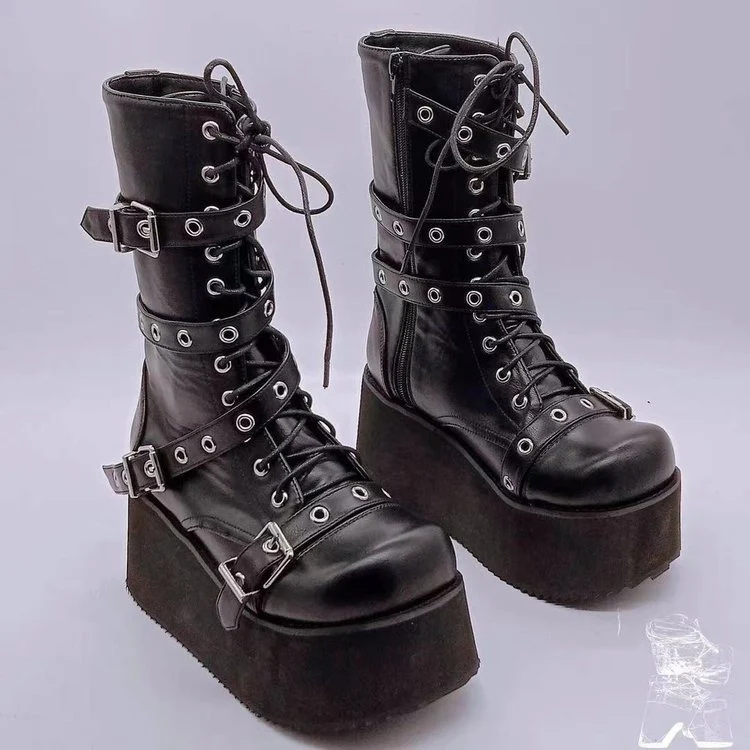 Damen Plateau-Stiefel mit robusten Schnallen und hochwertiger Leder-Oberfläche Heidi Mode - Image 6