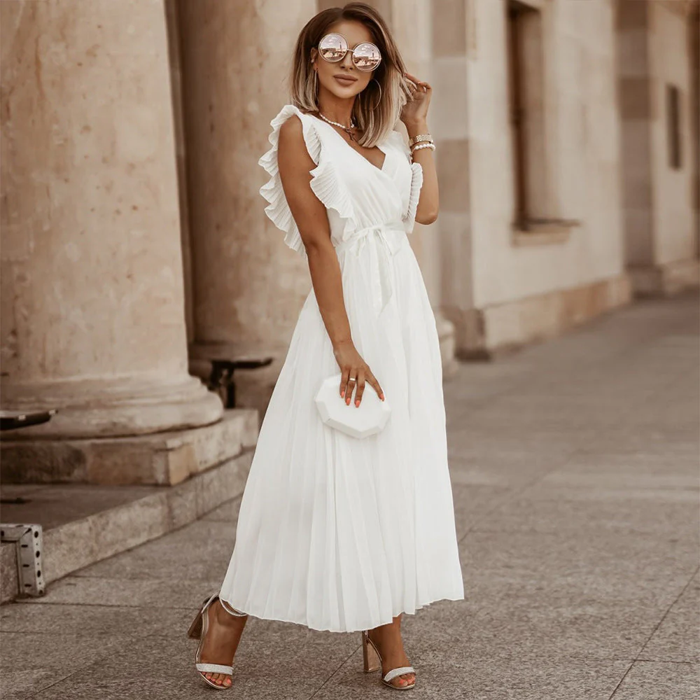 Damen Plissee Maxikleid mit Wickeloptik und Taillierbarem Gürtel Heidi-Mode - Image 2