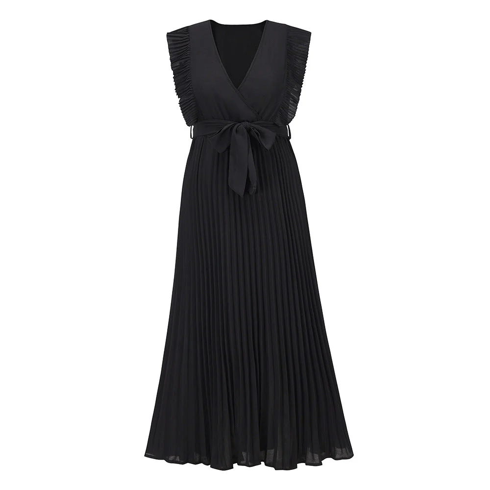 Damen Plissee Maxikleid mit Wickeloptik und Taillierbarem Gürtel Heidi-Mode - Image 5