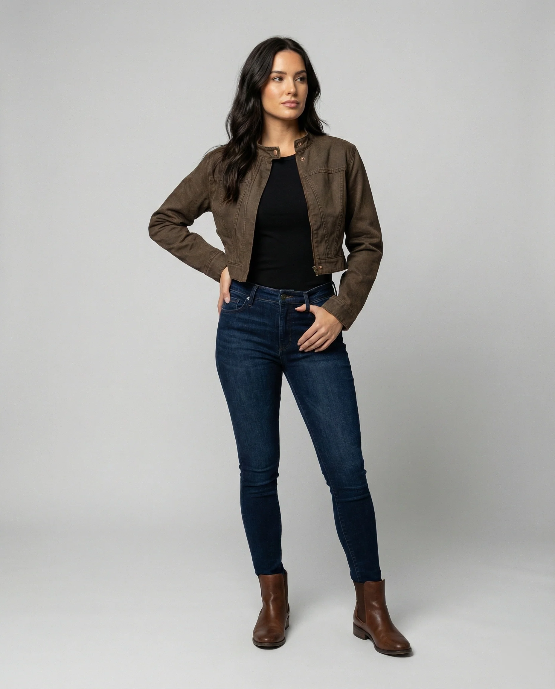 Damen Retro Wildleder Jacke Slim Fit Braun Kurz Biker - Image 2