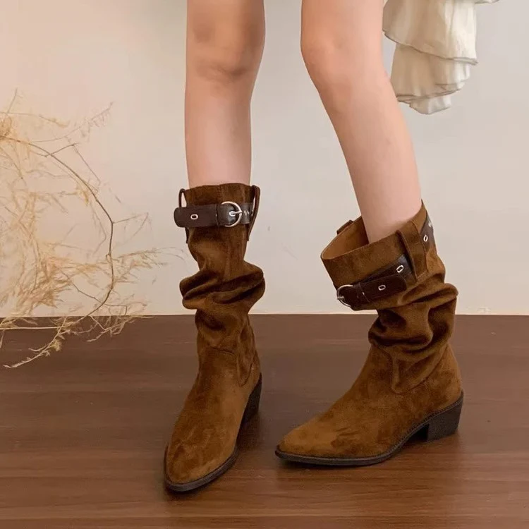Damen Rustikale Wildleder-Stiefel mit modischem Falten-Design und verstellbarem Riemen Heidi Mode - Image 3