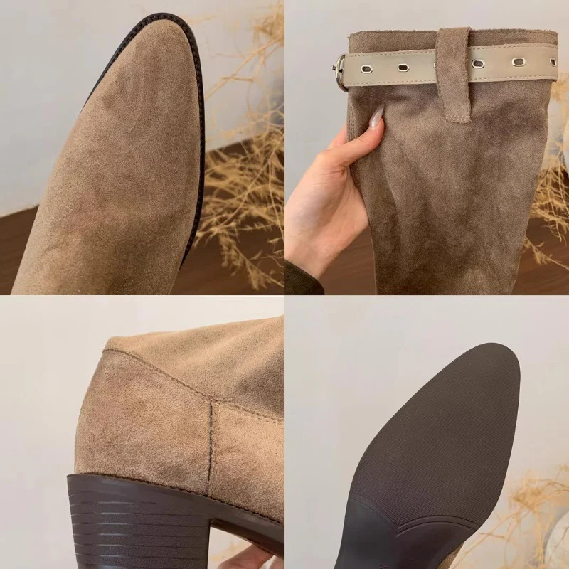 Damen Rustikale Wildleder-Stiefel mit modischem Falten-Design und verstellbarem Riemen Heidi Mode - Image 4