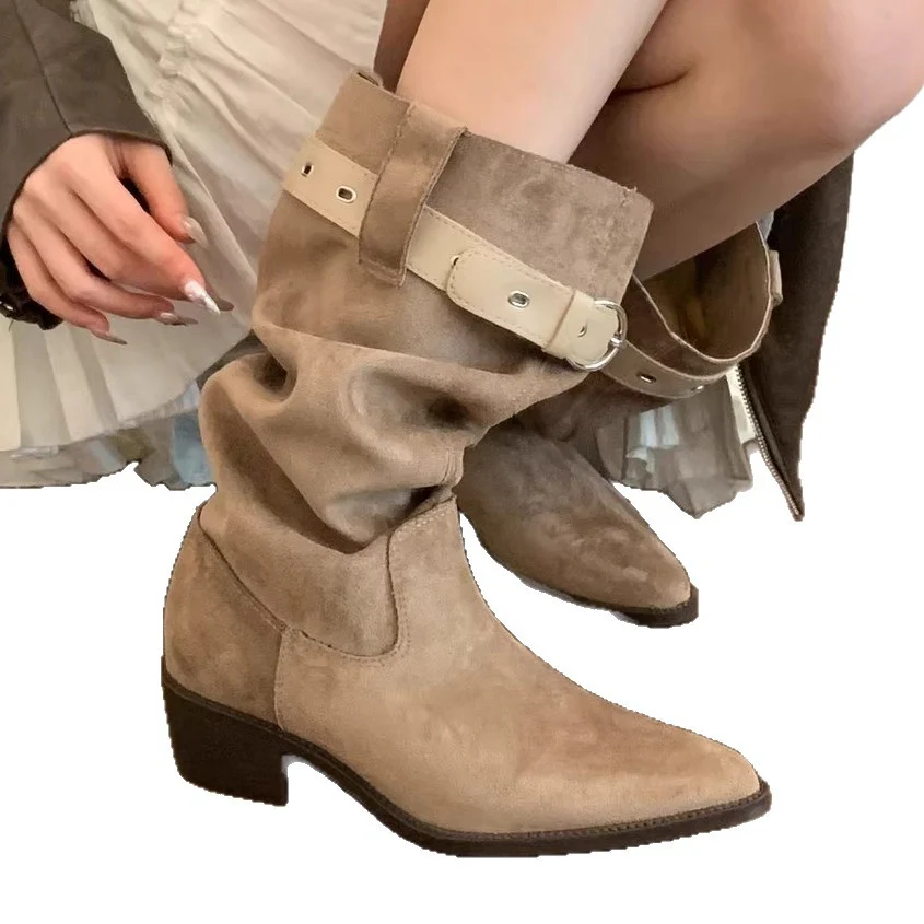 Damen Rustikale Wildleder-Stiefel mit modischem Falten-Design und verstellbarem Riemen Heidi Mode - Image 5