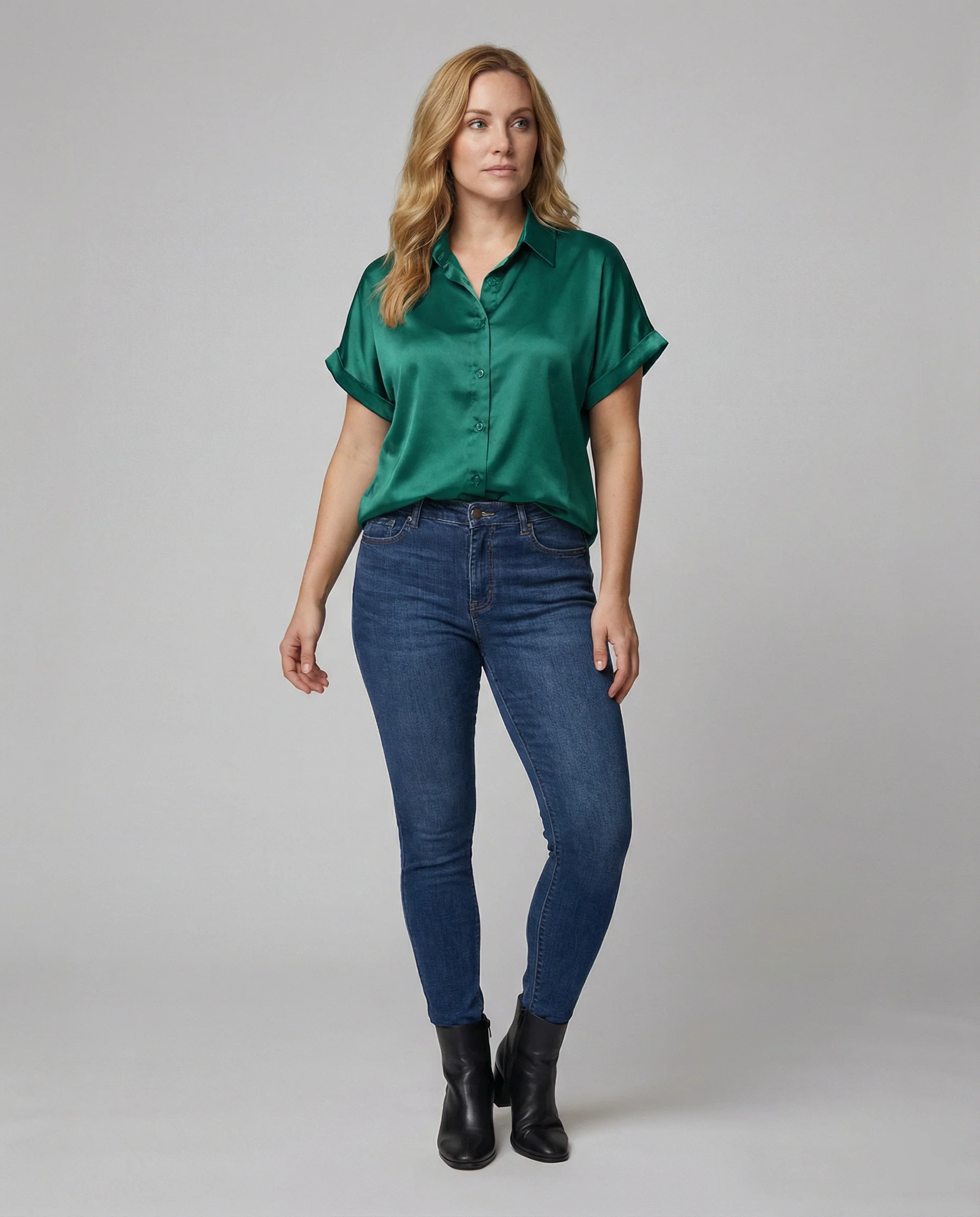 Damen Satin-Bluse mit großem Kragen und überschnittenen Schultern Heidi Mode - Image 2
