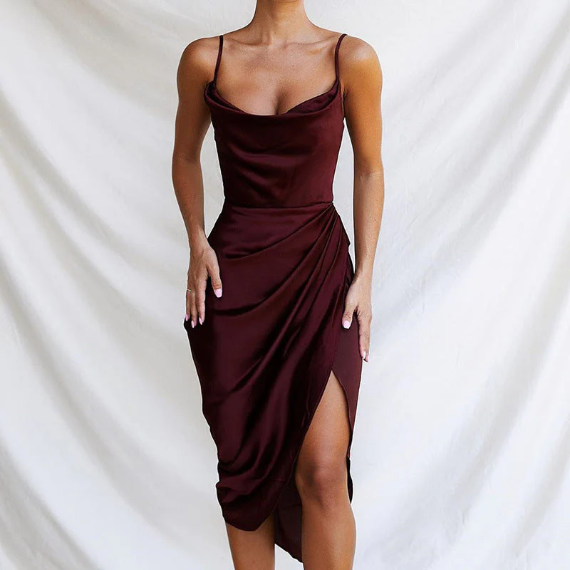 Damen Satin Kleid mit Schmalen Spaghetti-Trägern und Seitlichem Schlitz Heidi-Mode - Image 5