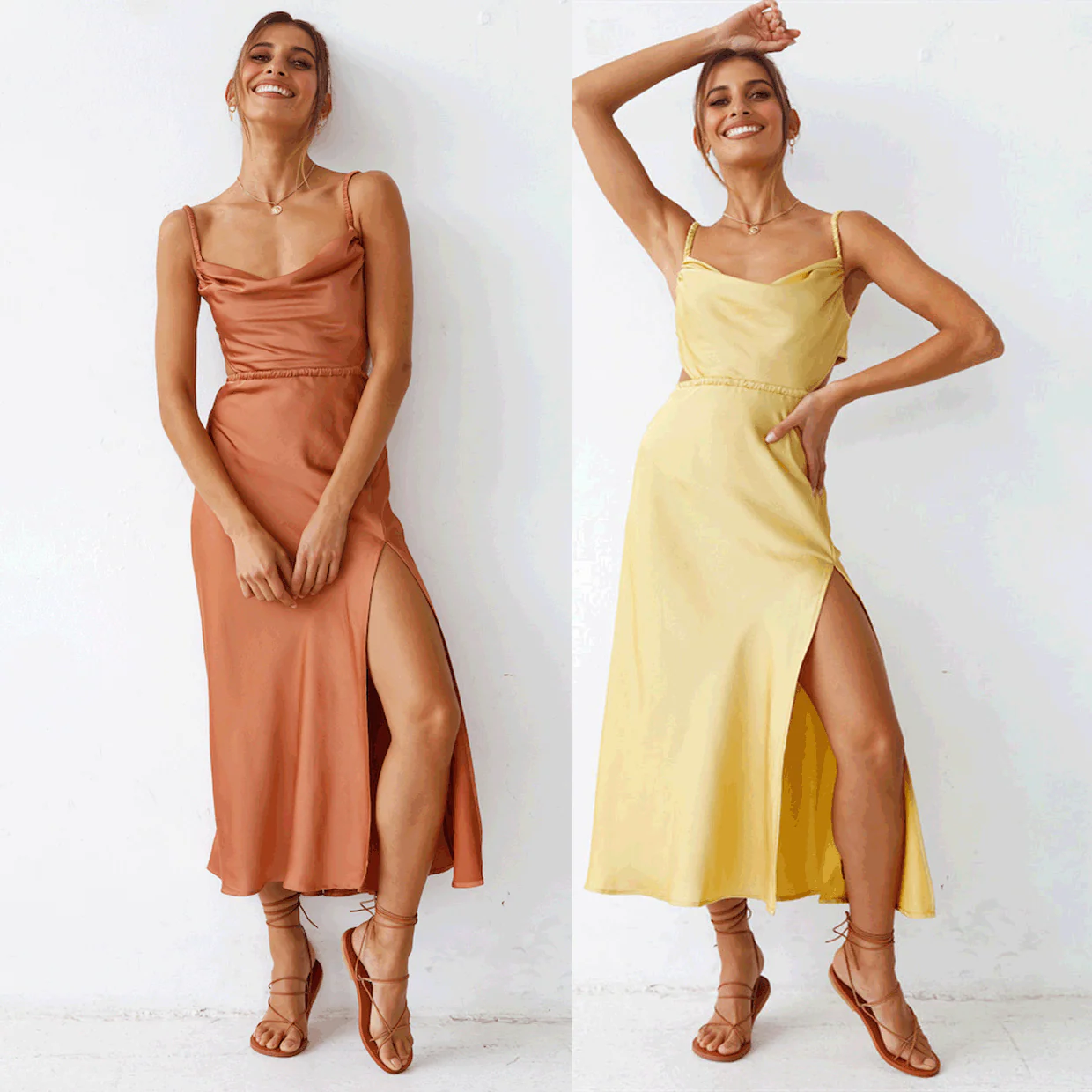 Damen Satin-Midikleid mit Raffinierten Rüschendetails und Elegantem Tragekomfort Heidi-Mode