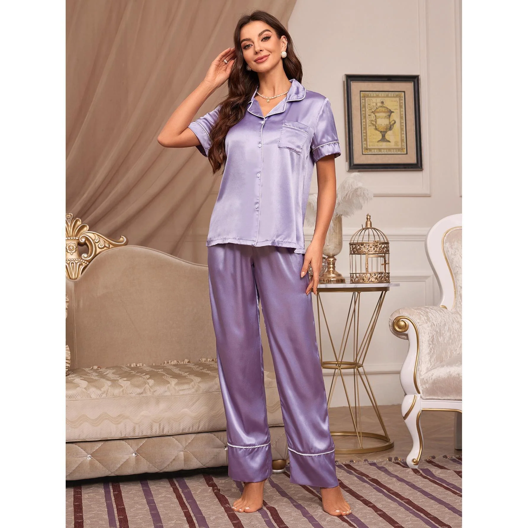 Damen Satin Pyjama-Set mit Elegantem Kragen und Knopfleiste Heidi-Mode - Image 3