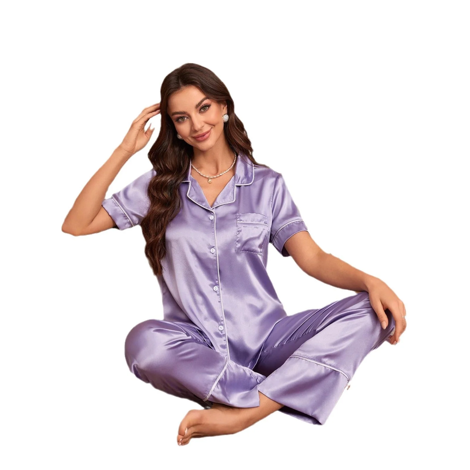 Damen Satin Pyjama-Set mit Elegantem Kragen und Knopfleiste Heidi-Mode - Image 5