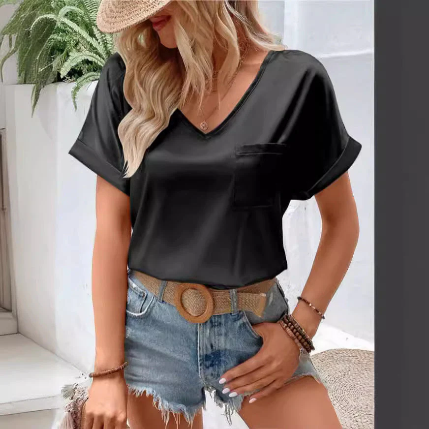 Damen Satin V-Ausschnitt T-Shirt mit Brusttasche und Lässigem Schnitt Heidi-Mode - Image 3