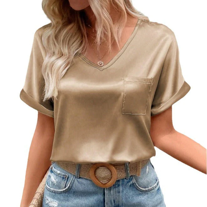 Damen Satin V-Ausschnitt T-Shirt mit Brusttasche und Lässigem Schnitt Heidi-Mode - Image 5