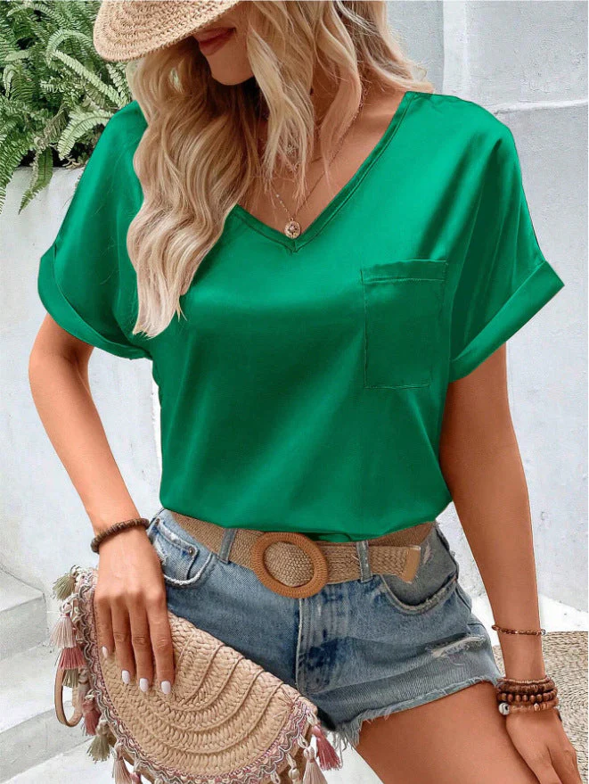 Damen Satin V-Ausschnitt T-Shirt mit Brusttasche und Lässigem Schnitt Heidi-Mode - Image 6