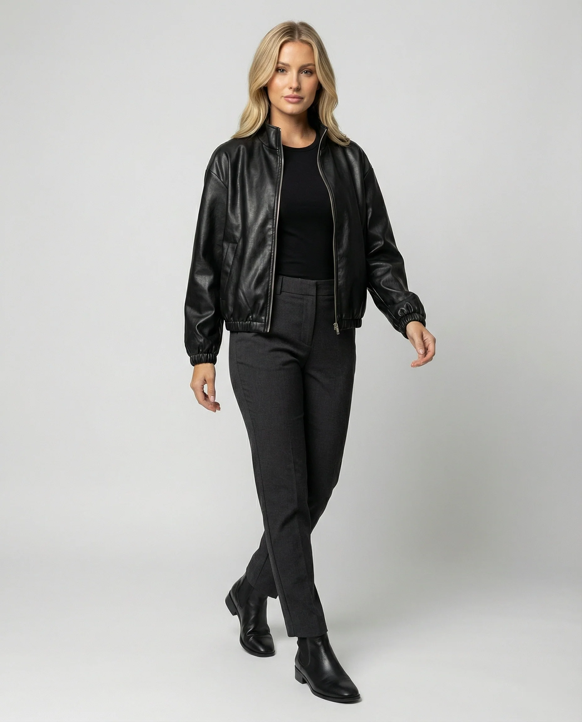 Damen schlanker Vegan-Lederblouson mit schimmernder Kunstleder-Optik, Stehkragen und elastischem Abschluss Heidi-Mode - Image 2
