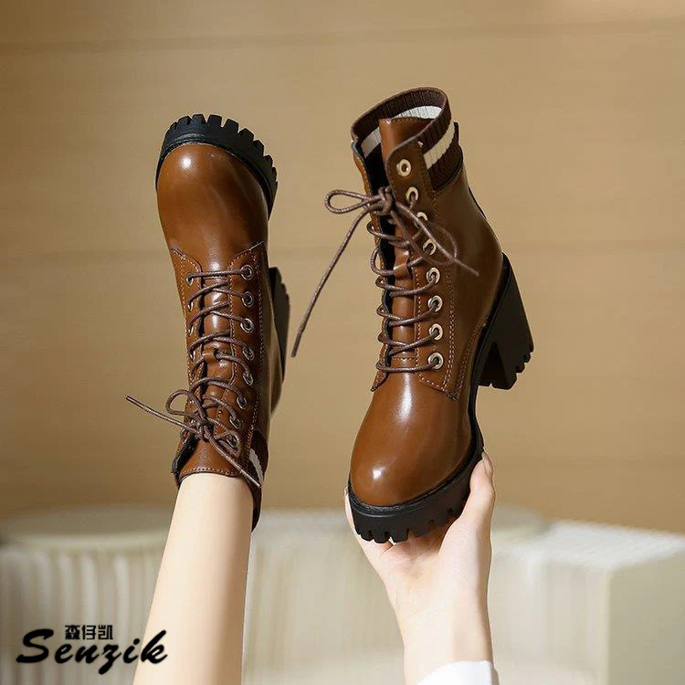 Damen Schnürstiefel mit robustem Blockabsatz und elastischem Strickkragen Heidi Mode - Image 2