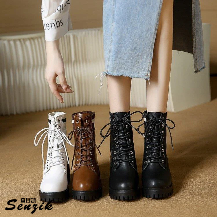 Damen Schnürstiefel mit robustem Blockabsatz und elastischem Strickkragen Heidi Mode - Image 3