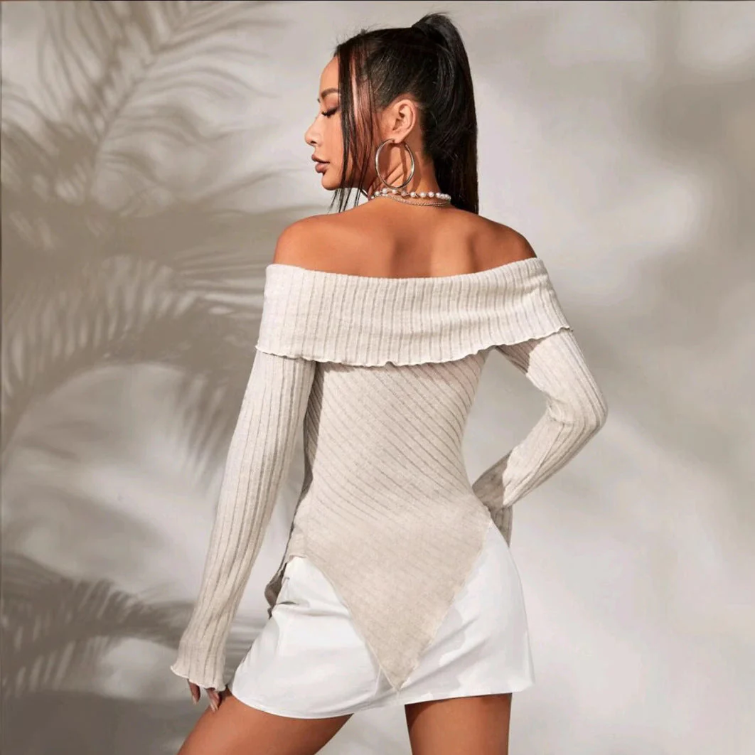Damen  Schulterfreies Oberteil Aus Rippstrick mit Asymmetrischem Saum und Dekorativen Details Heidi-Mode - Image 2