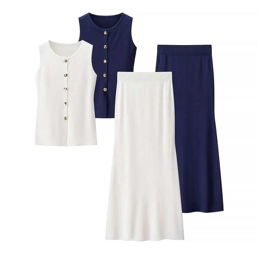 Damen Set aus ärmellosem Oberteil mit Knopfdetails und schwingendem Rock Heidi-Mode - Image 5