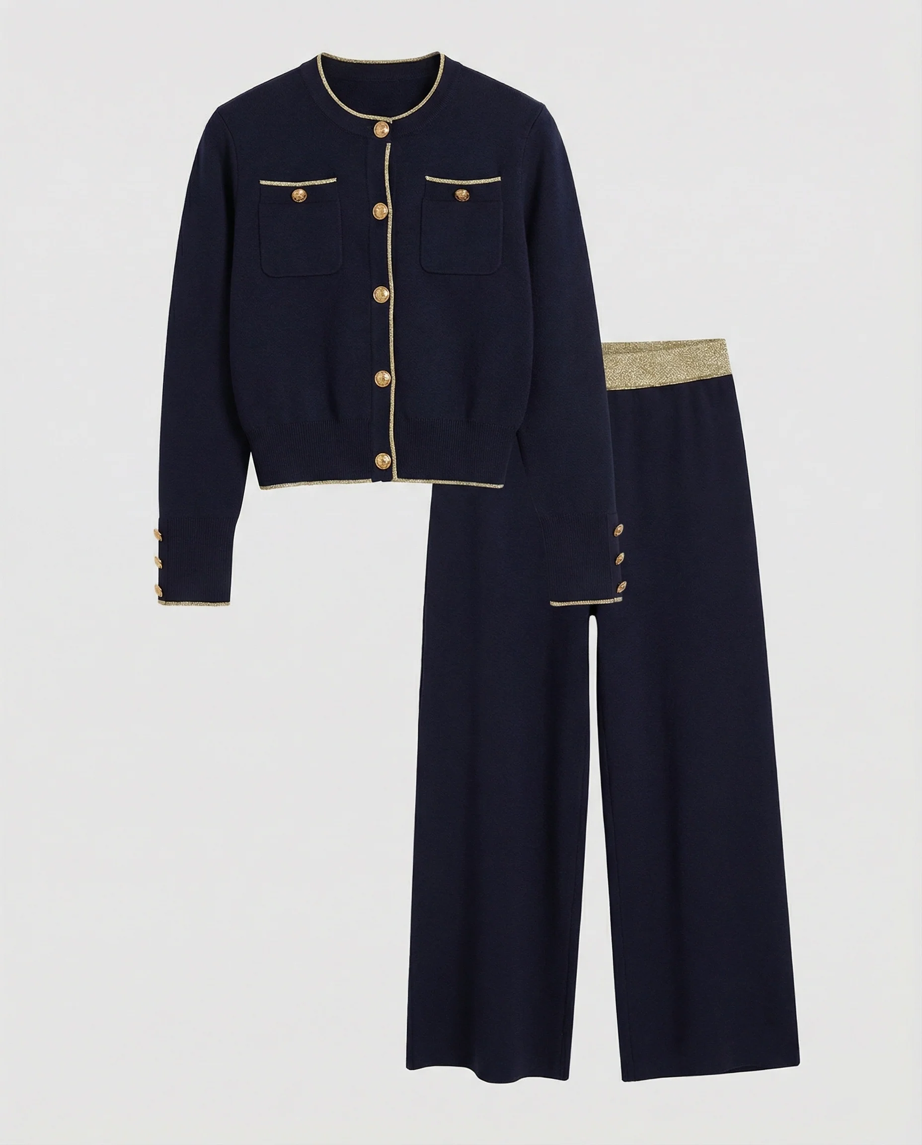 Slim Fit Pullover zweiteiliges Strick-Set mit klassischem Cardigan und hochgeschnittener Bundhose - Image 4