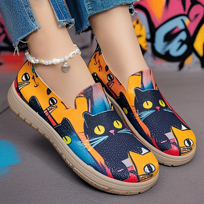 Damen Slip-On Freizeitschuhe mit buntem Katzendesign Heidi Mode - Image 2