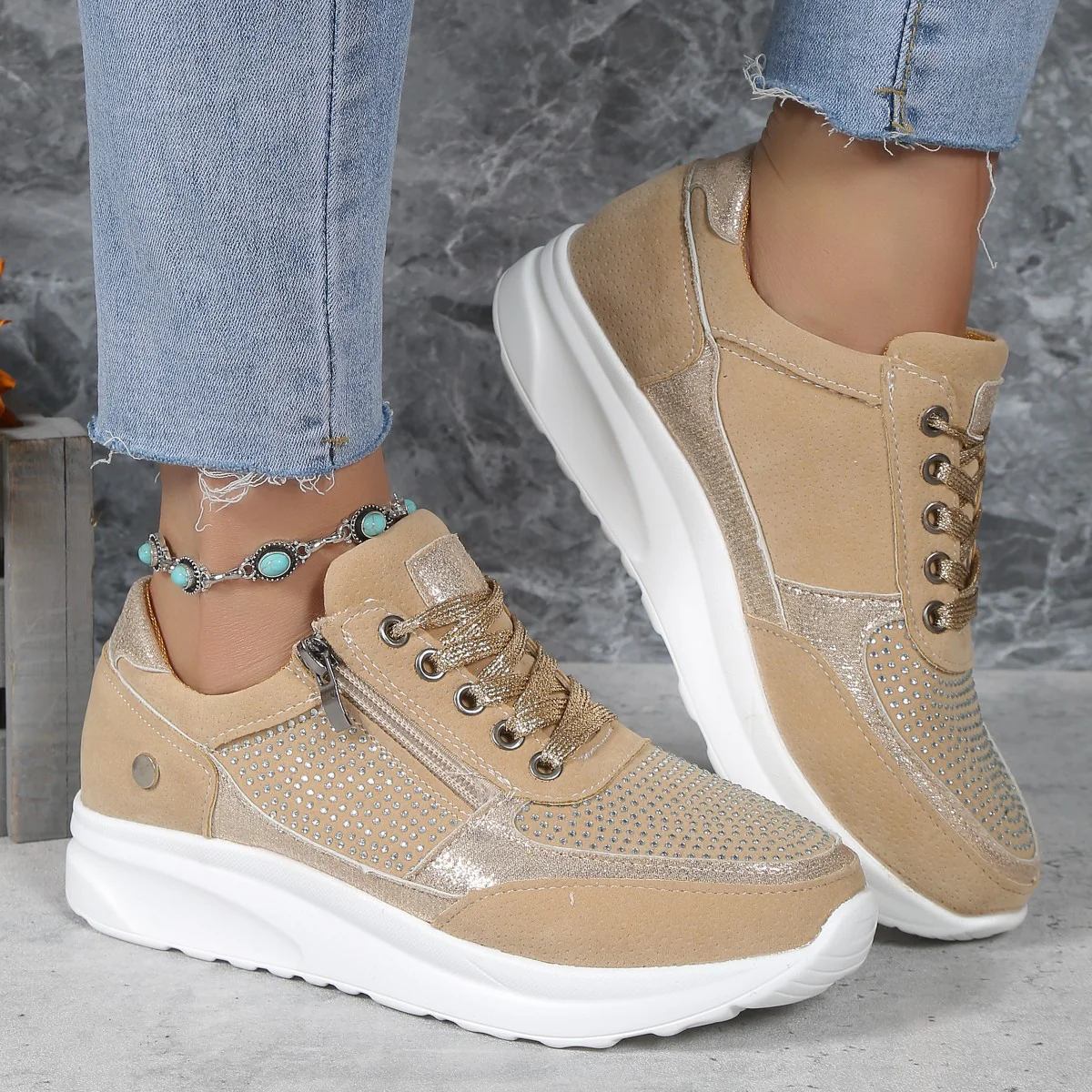 Damen Sneaker mit dekorativem Strass und praktischem Reißverschluss Heidi Mode - Image 2
