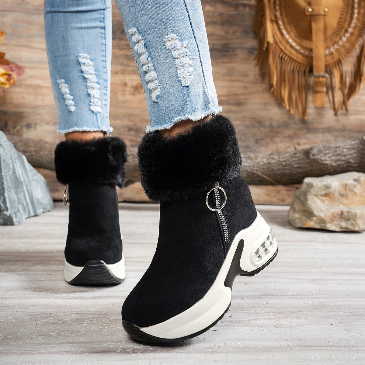 Damen Sneaker-Stiefel mit weichem Kunstfellkragen und trendigem Reißverschluss Heidi Mode - Image 3