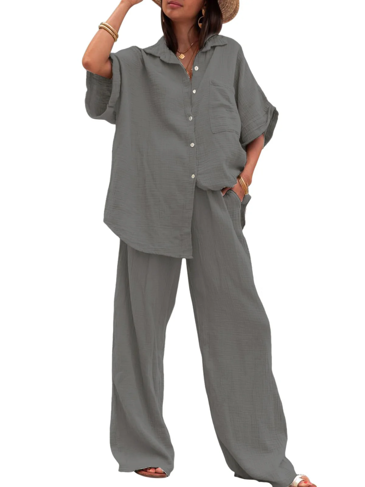Damen Sommerliches Zweiteiler-Set mit übergroßem Hemd und weiter Hose Heidi-Mode - Image 8