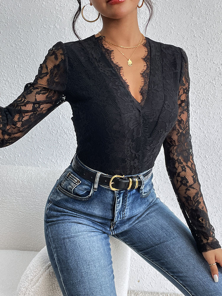 Damen Spitzenbody mit Raffiniertem V-Ausschnitt und Eleganten Rüschendetails Heidi-Mode - Image 2