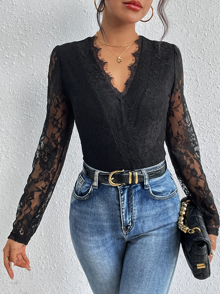 Damen Spitzenbody mit Raffiniertem V-Ausschnitt und Eleganten Rüschendetails Heidi-Mode - Image 3