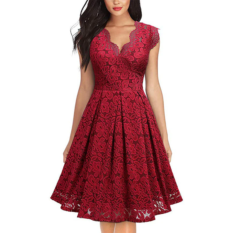 Damen Spitzenkleid mit V-Ausschnitt und Ausgestelltem Rock Heidi-Mode - Image 4